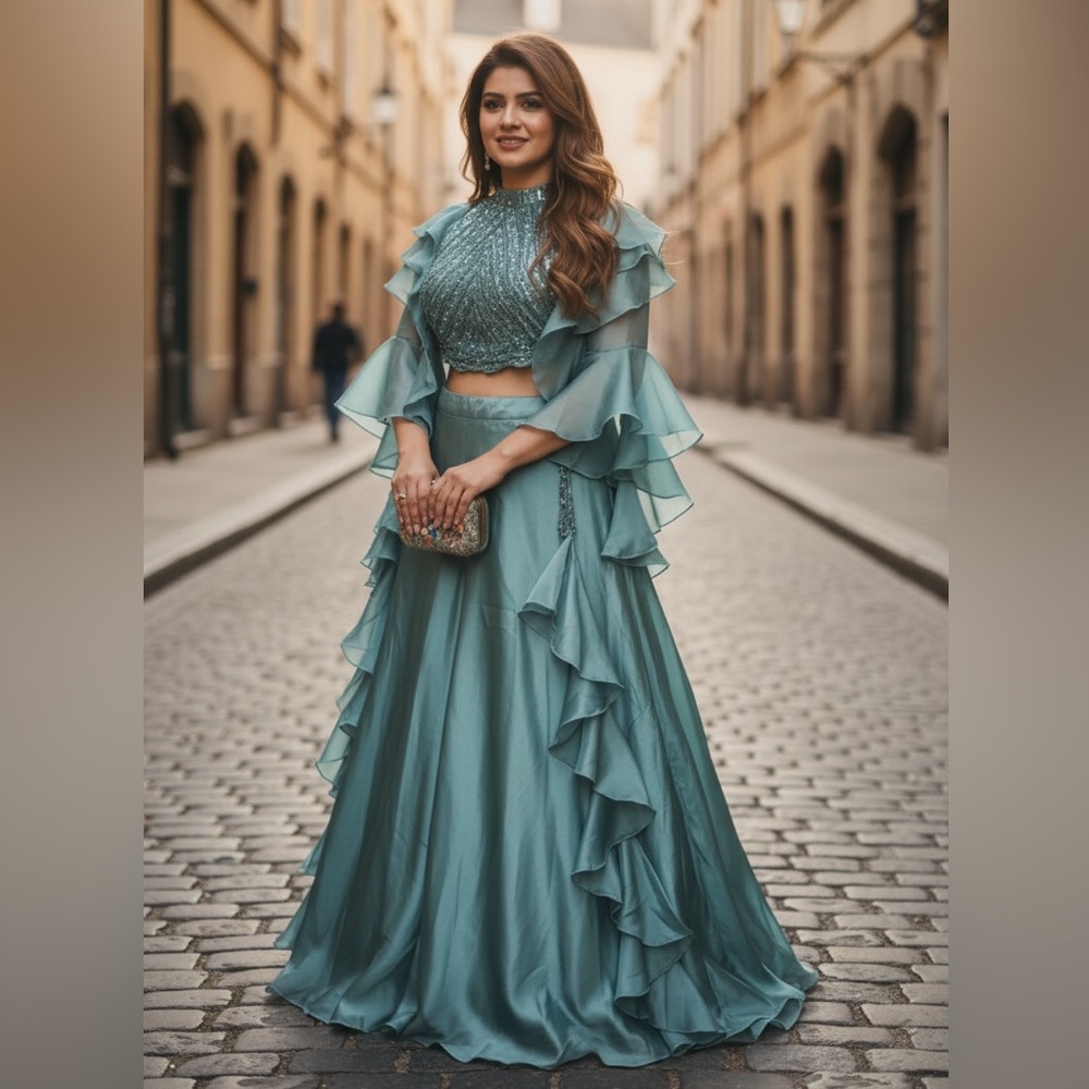 Turquoise/ light Teal organza lehenga with halter neck blouse and Ruffle Dupatta